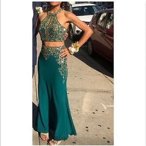 Camille la Vie 2 piece gold rhinestone two piece prom dress